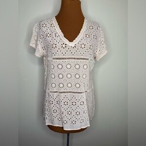 Johnny Was Peach Eyelet Blouse V Neck Short Sleeve Size Medium
